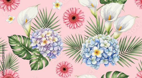 Watercolor floral pattern featuring calla lilies gerberas and hydrangeas on pink