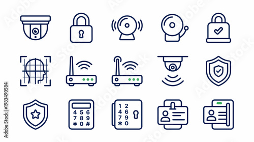 Security system icons a collection of modern surveillance, access control, and protection symbols