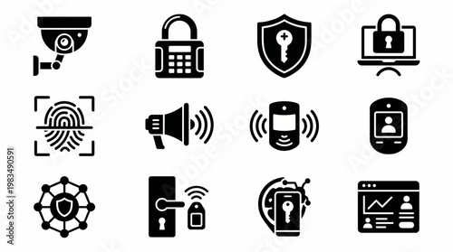 Security and Protection Icon Collection with Surveillance, Access Control, Biometrics, and Digital Data Safeguards for Modern Systems