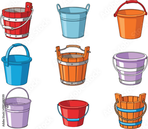 Colorful bucket collection set featuring plastic and wooden water containers isolated on white background flat vector illustration for household and cleaning use