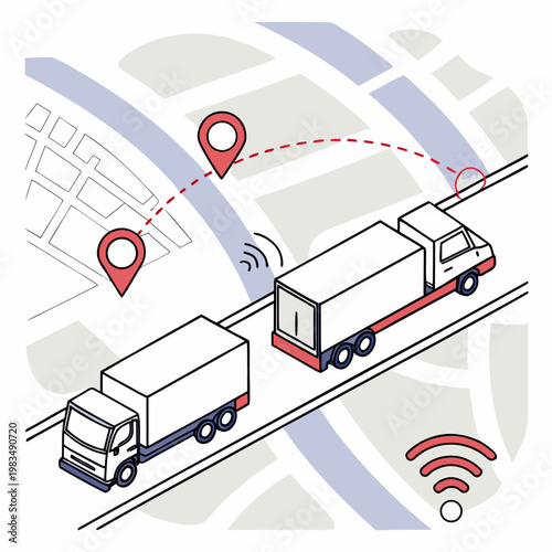 Isometric illustration of trucks on a map with gps tracking and wi-fi signals for smart logistics and delivery route monitoring supply chain internet of things real time tracking logistics