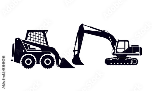 Skid Steer Loader Silhouette Black and White Vector Design
