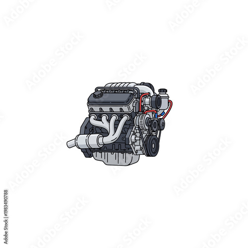 Automotive internal combustion engine block assembly illustration