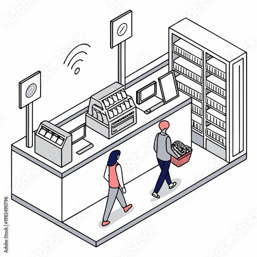 Isometric illustration of smart checkout systems and customers in a modern retail store interior with wireless signals point of sale internet of things self service shopping cart customer service