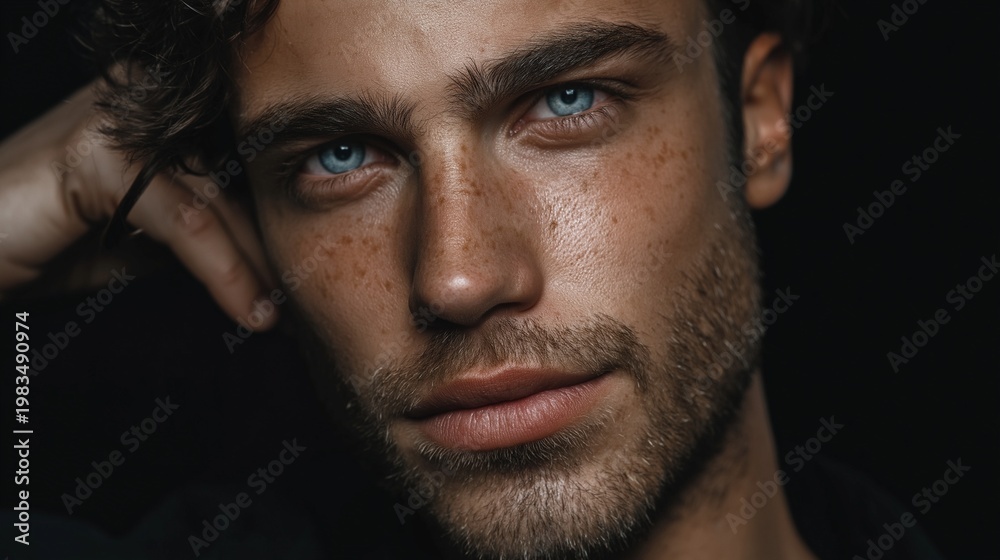 Obraz premium Intensive Nahaufnahme eines jungen Mannes mit blauen Augen und Sommersprossen auf schwarzem Hintergrund.