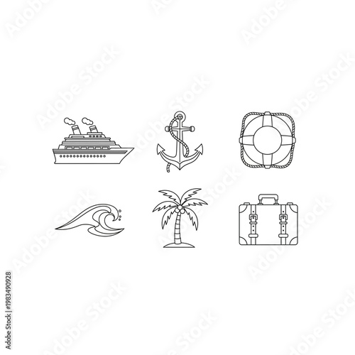Cruise travel icon set with ocean liner anchor lifebuoy wave palm and suitcase