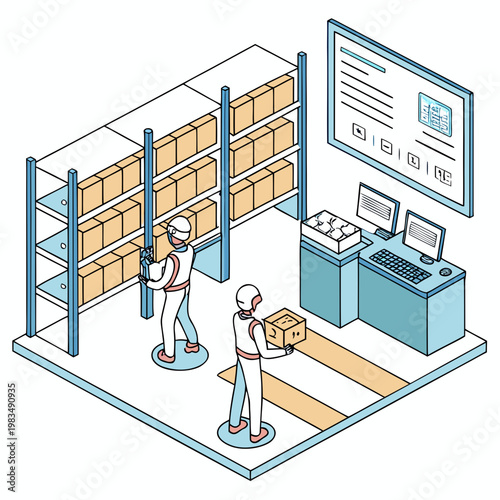 Warehouse workers managing inventory and packing orders with technology in a modern logistics center supply chain order fulfillment protective gear health and safety e commerce warehouse