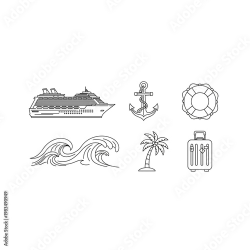 Set of nautical and cruise vacation line icons featuring ship anchor and waves