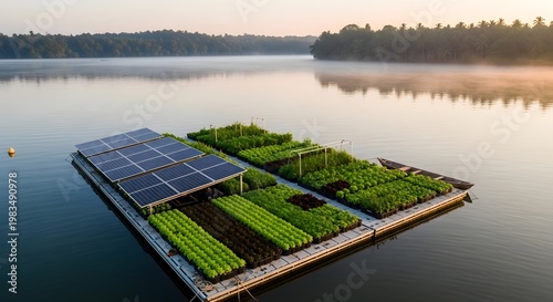 Floating solar panels and hydroponic garden platform on calm lake at sunrise in rural landscape