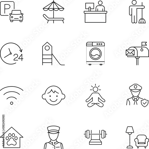 Lifestyle daily living services outline icon set, parking, reception, washing machine, wifi, security, gym, mailbox