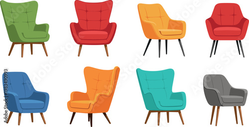 Modern colorful armchairs set isolated on white background, stylish upholstered chairs collection for home interior furniture design vector illustration
