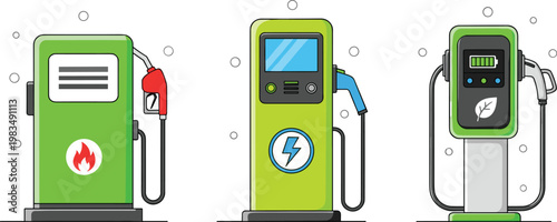Fuel Pump and Electric Charging Station Illustration Set with Gasoline Dispenser and EV Charger for Energy, Transportation, and Sustainable Mobility Concepts