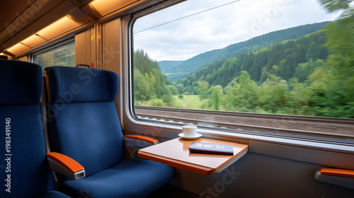 an empty first-class train seat beside a wide window. Rolling green European countryside blurred outside. A coffee cup and open passport on the small tray table. Warm cabin light.