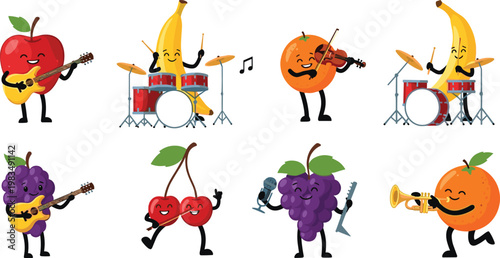 Cute fruit character band collection featuring apple banana orange grapes and cherry playing musical instruments isolated on white background flat vector illustration set