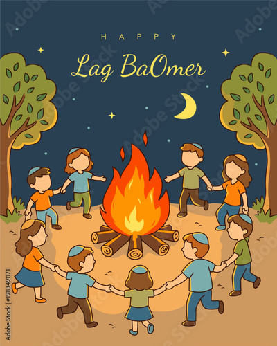 children celebrating lag baomer around a bonfire at night vector