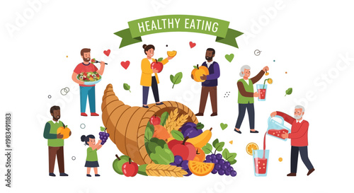 Diverse People Enjoying Healthy Food and Fruits from Cornucopia