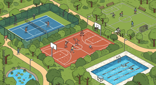 Isometric park with sports courts and swimming pool, people playing games