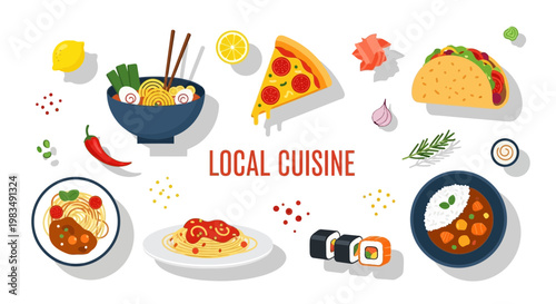 Diverse Local Cuisine Assortment - Noodles, Pizza, Tacos, Sushi, Pasta, Curry