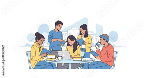 Diverse students collaborating outdoors at campus with books and laptop