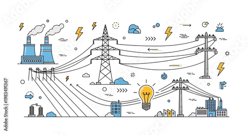 Electricity grid infrastructure: power plant, transmission towers, cables, and city buildings