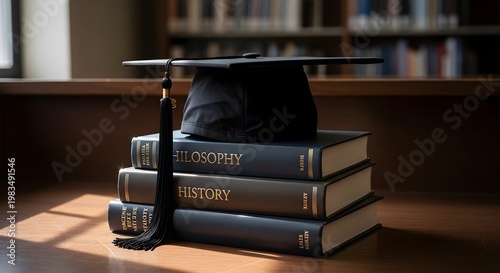 Academic graduation cap resting on stacked philosophy and history books in a library setting