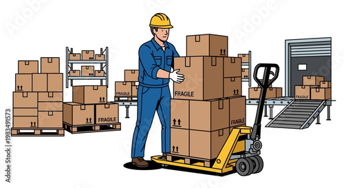 Warehouse worker with pallet jack moving stacked cardboard boxes near loading dock