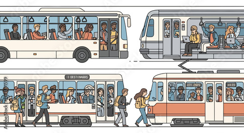 Diverse people commuting on bus, tram, and train, urban public transport illustration