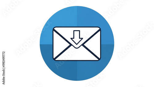 A graphic illustration shows an envelope icon with a download arrow on a blue circle background.