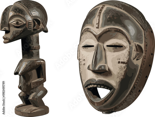 African Tribal Mask and Wooden Statue Illustration with Traditional Ethnic Carvings for Cultural Heritage, Ritual Artifacts, and Indigenous Art Design