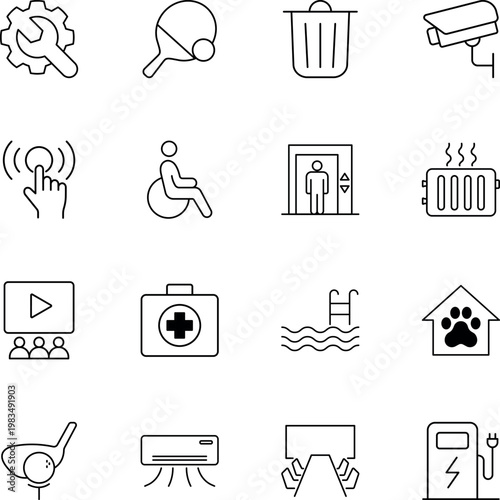 General user interface outline icon set, security camera, wheelchair, elevator, first aid, EV charger, wrench, trash can, swimming pool