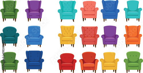 Colorful armchairs collection set isolated on white background, modern upholstered seating furniture in various colors for interior design vector illustration