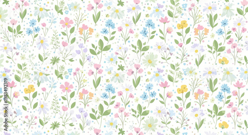Bild auf Leinwand A whimsical watercolor-style pattern of diverse small flowers and leaves on a wh