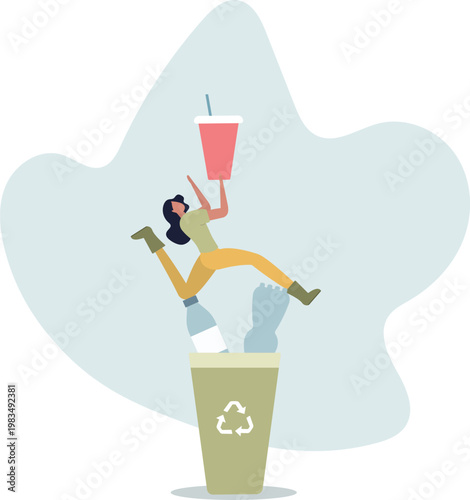 People using a lot of plastic packages and collecting plastic trash into garbage bin.person's life situation and his activities.