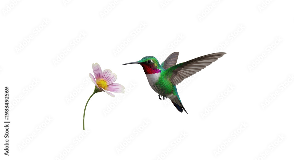 Fototapeta premium Hummingbird hovering near pink flower