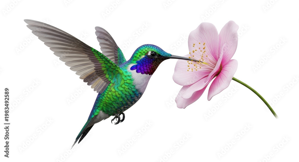 Fototapeta premium Hummingbird Sipping Nectar from Pink Flower
