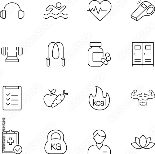 Fitness and healthy lifestyle vector icon set, heart rate, jump rope, barbell, pills, kettlebell, apple, swimmer, kcal