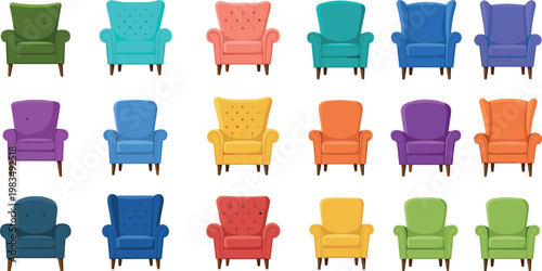 Bright colorful armchairs set isolated on white background, modern upholstered chairs collection for home interior furniture design vector illustration
