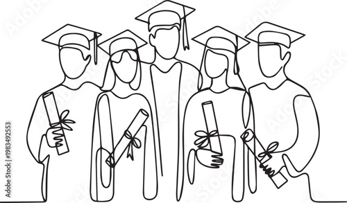 Continuous line drawing of graduates wearing caps and gowns with diplomas
