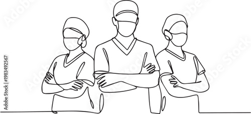 Line drawing of three medical professionals standing with arms crossed
