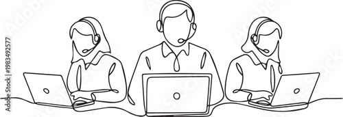 Continuous line drawing of customer service team with headsets and laptops
