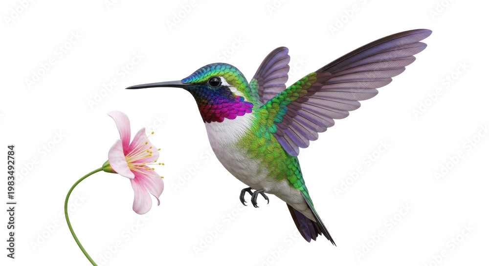 Fototapeta premium Hummingbird hovering near pink flower