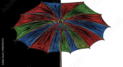 Colorful umbrella on black and white background.