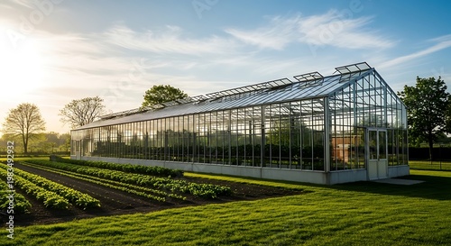 Large glass greenhouse in a sunlit field, with rows of crops, and a background of trees
