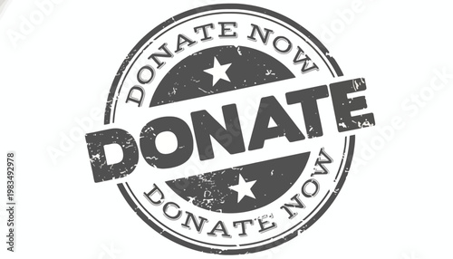 Donate now stamp with text and stars on white background