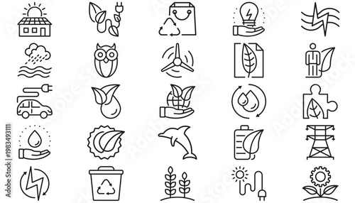 Eco Friendly Green Energy and Sustainability Vector Icon Set: 25 Minimalist Black Line Symbols for Renewable Power, Recycling, Environment Conservation, Solar, Wind, and Ecology Concept Bundle