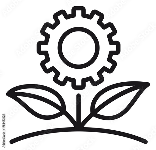 Photos Eco-friendly green technology vector icon illustration featuring a gear cogwheel growing from a plant with leaves, representing sustainable industry, environmental engineering, and growth