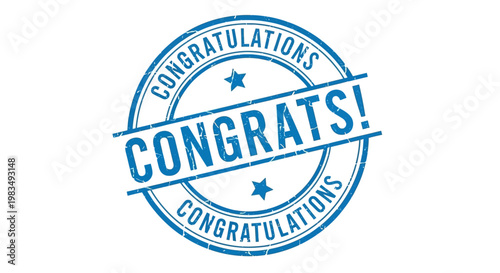 Congratulations message with blue stamp on white background celebrating achievement