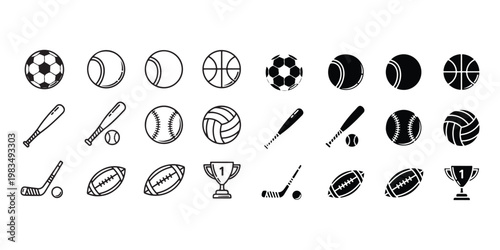Collection of monochrome sports equipment and trophies isolated on a white background