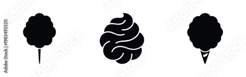 Black silhouette icons of cotton candy on a stick and in a cone, along with a swirl of sweet cream or frosting, isolated on a white background.