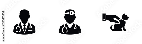 Set of flat vector icons depicting medical professionals and veterinary care, featuring a doctor, surgeon with head mirror, and pet cat silhouette.